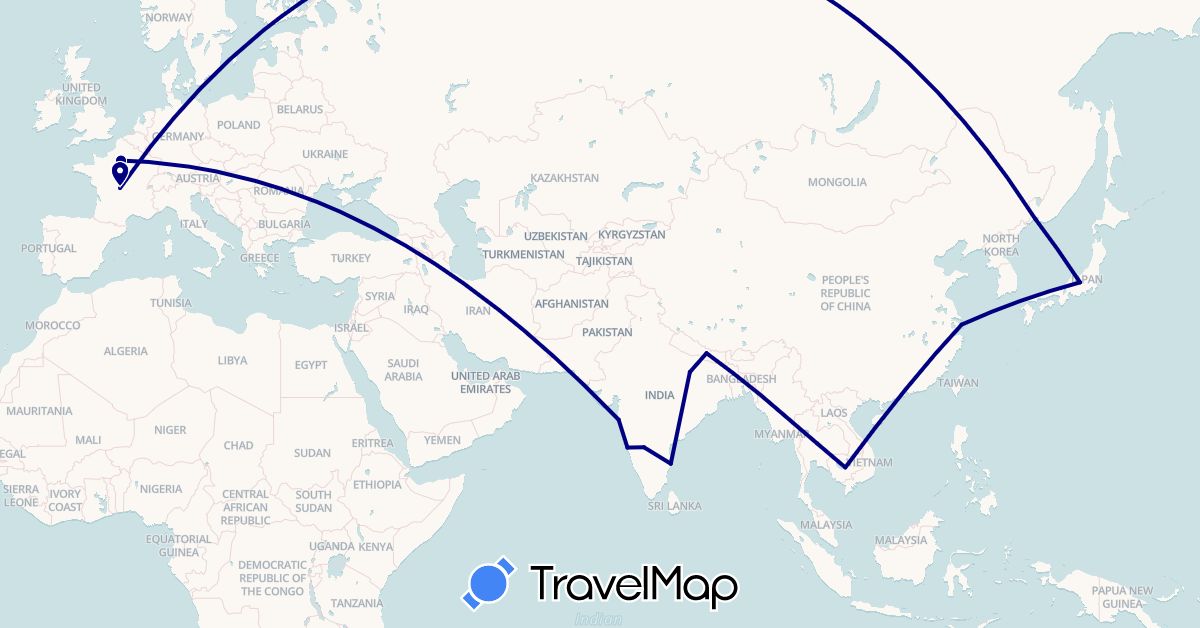 TravelMap itinerary: driving in China, France, India, Japan, Cambodia, Nepal, Russia, Thailand (Asia, Europe)